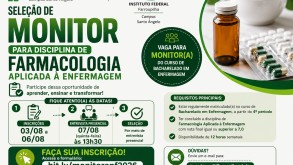 Curso Superior de Bacharelado em Enfermagem abre seleção para monitoria da disciplina de Farmacologia Aplicada à Enfermagem Curso Superior de Bacharelado em Enfermagem abre seleção para monitoria da…